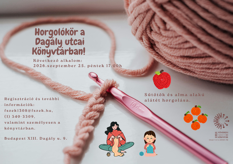 Plakát - Horgolótű és rózsaszín fonal, horgolt alma és sütőtök alátétek - fotó; kötő nő és gyerek - grafika