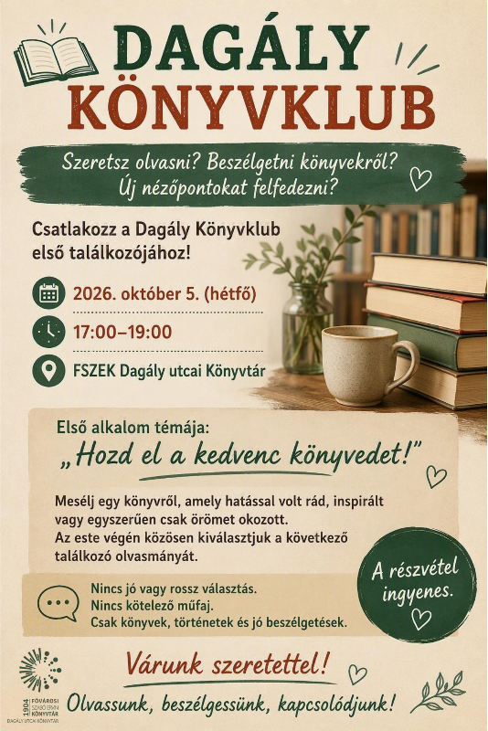 Plakát - könyvkupac, dísznövény és kávéscsésze az asztalon, háttérben könyvespolc