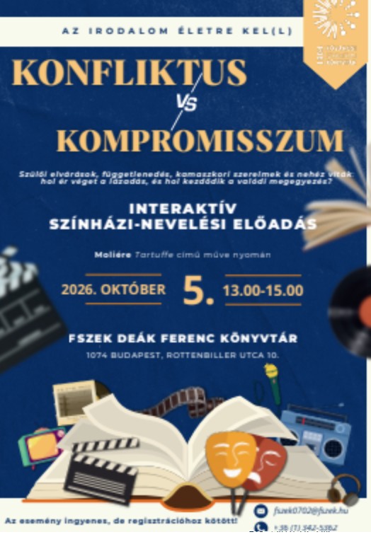Plakát - nyitott könyv, színházi maszk, filmtekercs, rádió, televízió, monitor, bakelit lemez, csapó - grafika