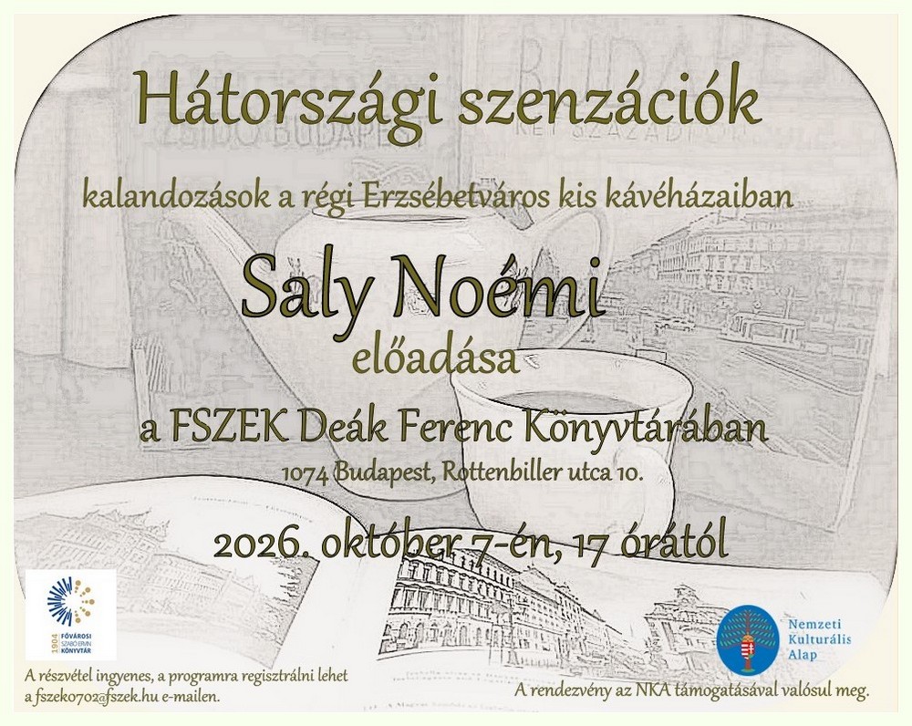 Plakát - háttérben teáskanna csészével, körülette Budapestről szóló helytörténeti könyvek