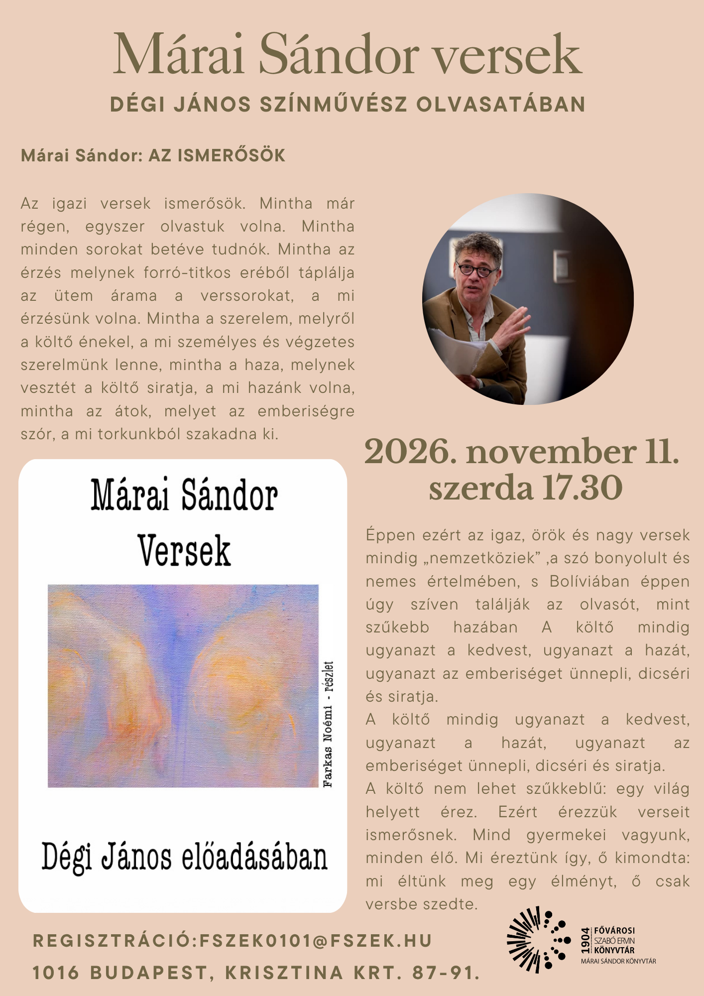 Pasztell háttérben az előadó, előtte sok szöveg Márai írásaiból