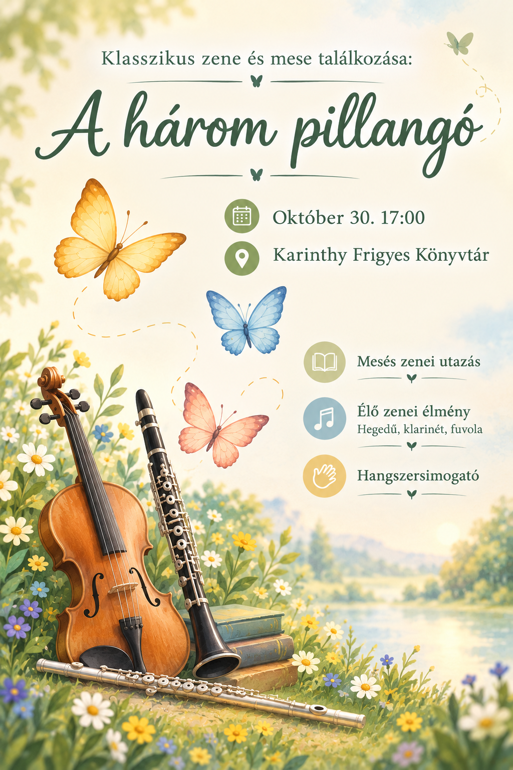 A program plakátja. Pillangók egy réten és hangszerek.