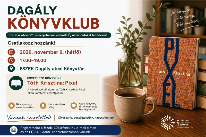 Plakát - egy csésze kávé, egy cserép virág és Tóth Krisztina: Pixel című könyve az asztalon