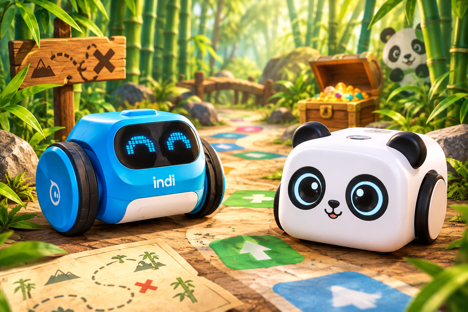 Sphero indi programozható robot egy bambuszerdőt idéző akadálypályán, kincskereső kaland kellékei között.