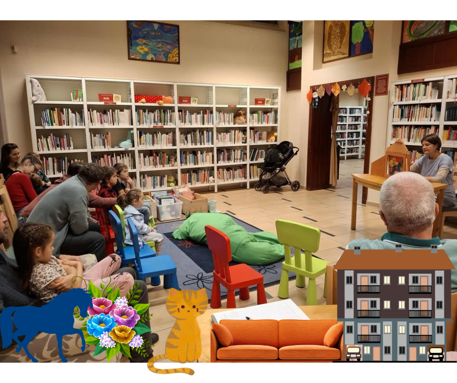 Papírszínház-előadás és a közönség - kék ló, virágcsokor, cica, kanapé, emeletes lakóépület - grafika