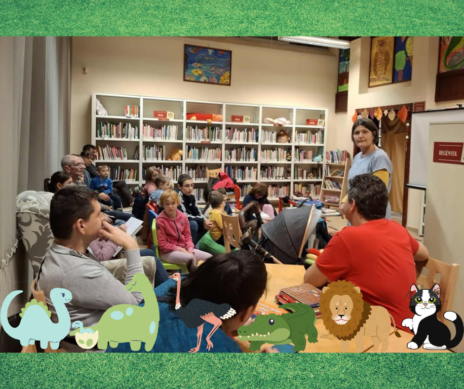 A közönség - alul dinoszauruszok, strucc, krokodil, oroszlán, fekete-fehér macska - grafika