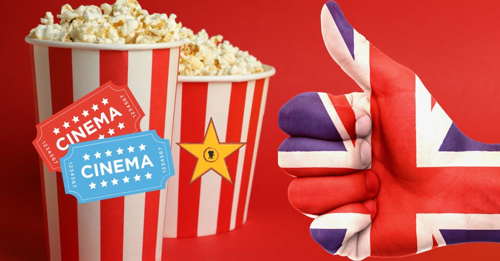 A fotómontázsban a mozizás kellékei vannak popcorn üdítő és az angol zászló színe 