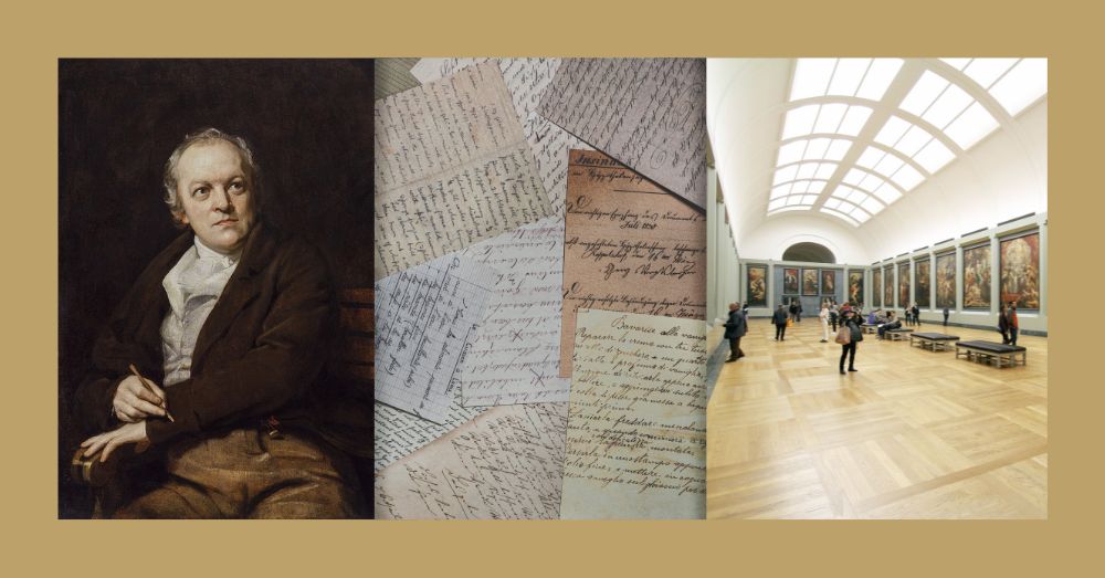 A képmontázsban Blake arcképe és a múzeumi tér szerepel 