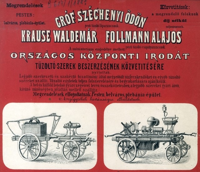 Tűzoltószereket forgalmazó cég reklámcédulája, 1880-as évek
