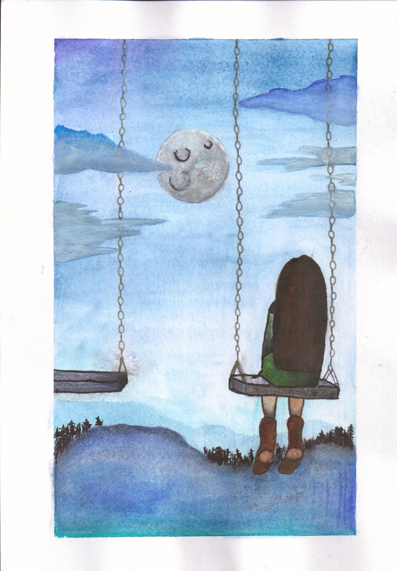 May Júlia rajza egy kislányról aki a holdat nézve hintázik