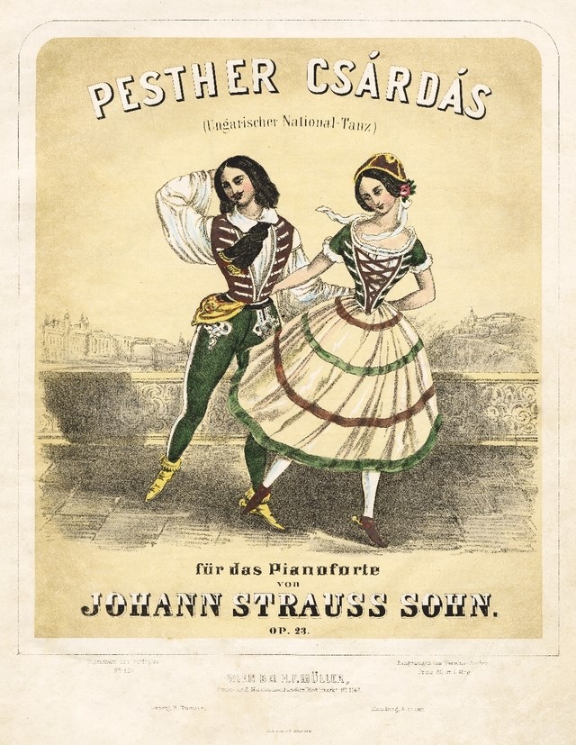 Ifjabb Johann Strauss Pesther Csárdás című zeneművének illusztrált kottaborítója