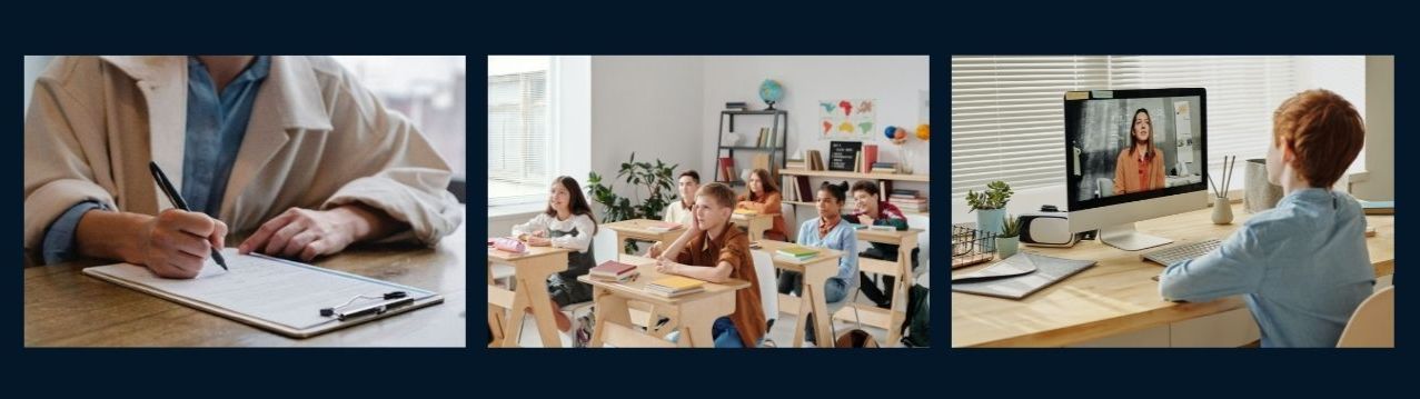 Három kis kép egy iskolai osztályról egy tesztet író diákról és monitor előtt ülő diákról 